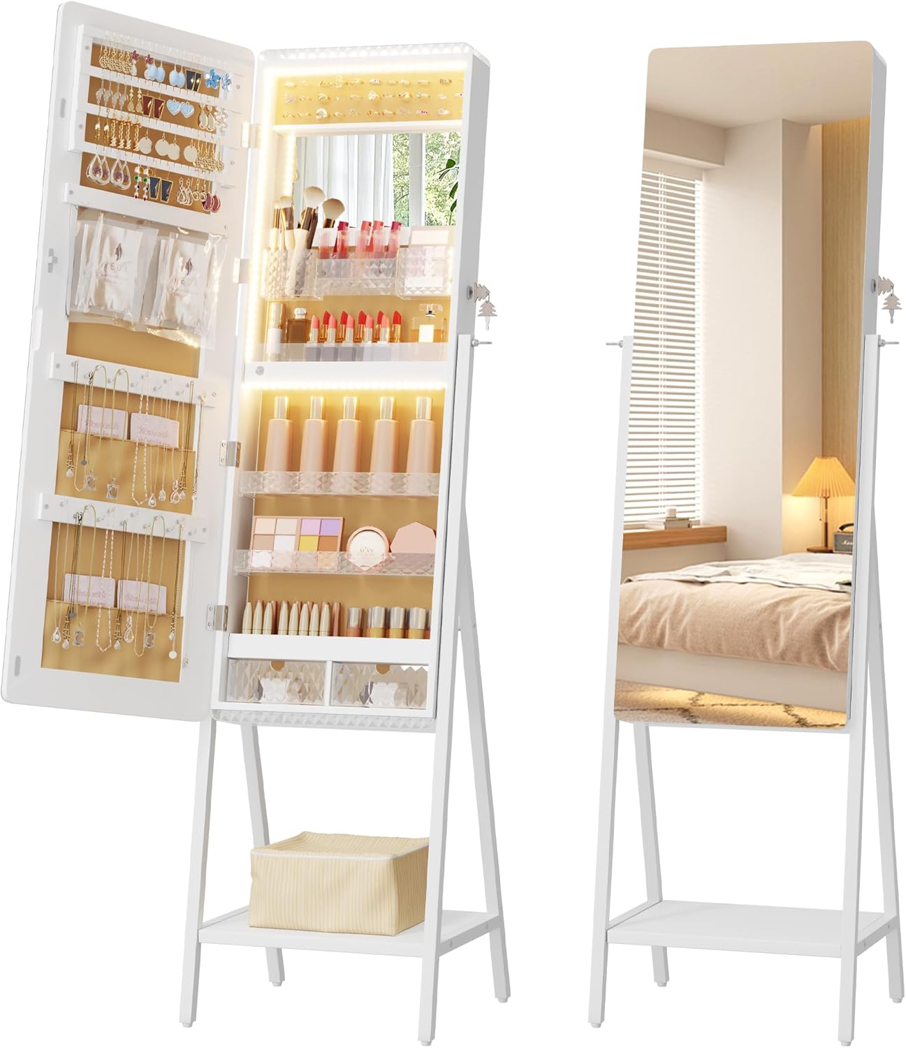 LVSOMT Jewelry Armoire Cabinet Standing, Full Length Mirror with Storage | Space-saving Mirror with Jewelry Storage, Built-in LED Makeup Mirror, Jewelry Organizer Cabinet for Women, White