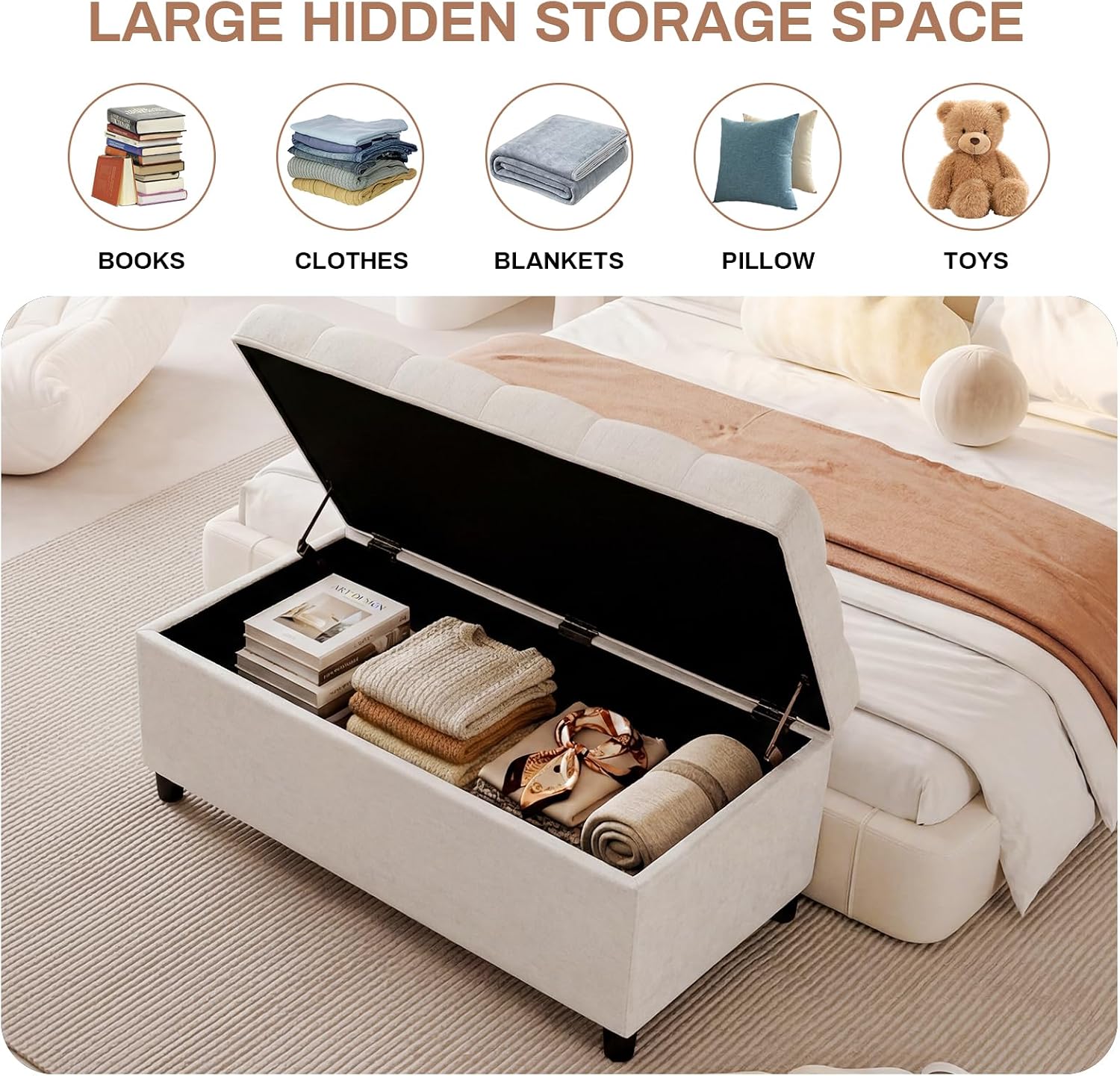 Storage Ottoman Bench 35 inch Linen Bench for Living Room | Multi-functional Ottoman with Storage with Hinged Lid for Bedroom End of Bed, Entryway Shoe Seat Easy Assembly, Linen Beige