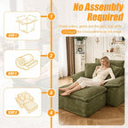 HYJT-H&K 63.5" Oversized Chaise Lounge Sofa, Boneless Chair with Ottoman | Green/Comfy Corduroy Reading Chair has Deep Seat,Ergonomic Armrests and 3 Pillows,No Assembly,For Living Rooms,Bedrooms