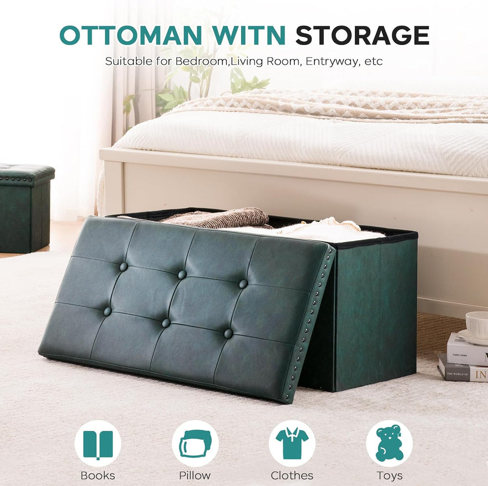 oakvivo Folding Storage Ottoman Bench, Leather Foot Rest Stools with Rivet De...