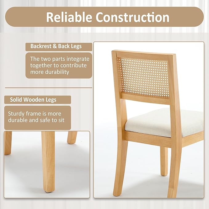 Westice Rattan Dining Chairs Set of 4, French Country Dining Room Chairs with Upholstered Cushion, Wood Armless Chairs for Kitchen/Restaurant