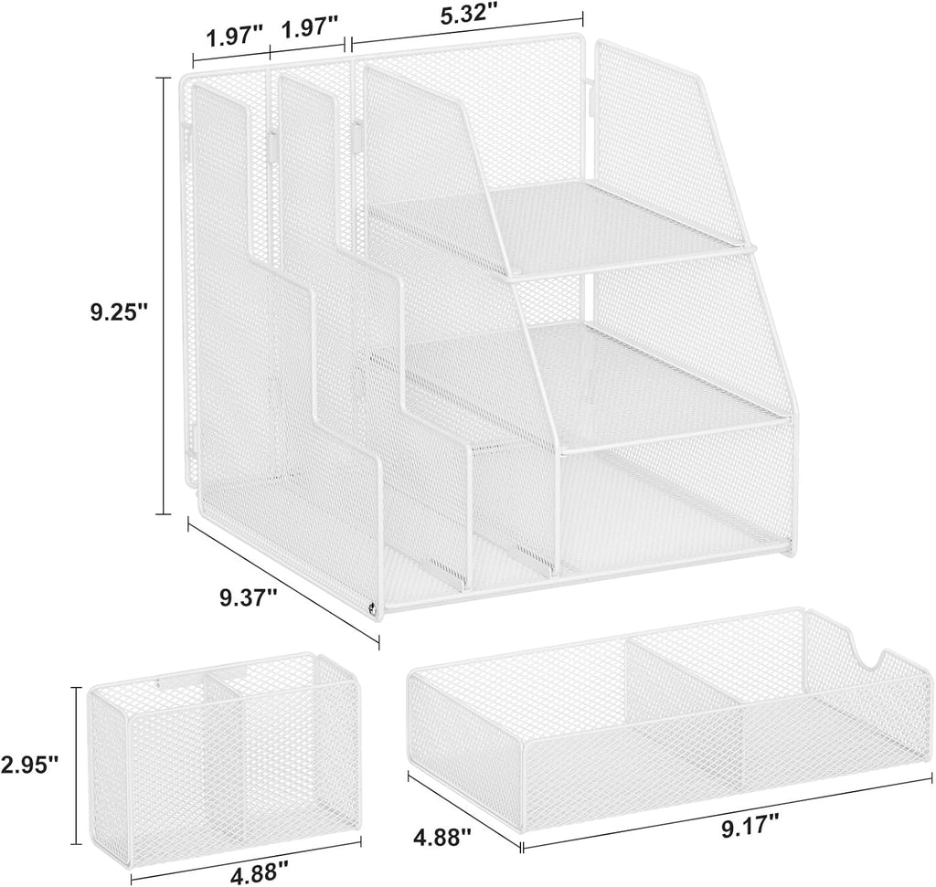 Marbrasse Desk Organizer and Accessories, 3-Tier File Organizer with Drawer and Pen Holder, Small Desktop Organizer and Storage for Workspace Office Supplies White