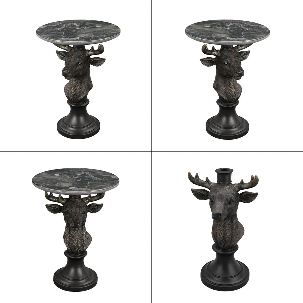 Modern End Table Black Deer Statue Side Table with Faux Marble Round top, 28" Tall 19.69" Wide Contemporary Nightstand for Living Room, Office and Reception Area Gift for Mom and Dad