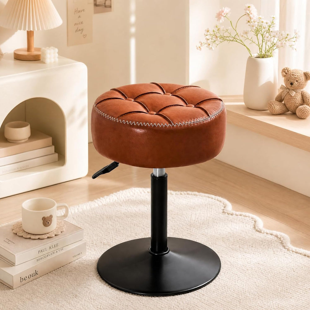 Adjustable Vanity Stool with Round Seat, 360° Swivel Faux Leather Makeup Chai...