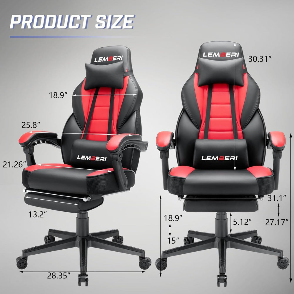LEMBERI Big and Tall Gaming Chair, 400lb Capacity, Red | Heavy-duty steel fra...