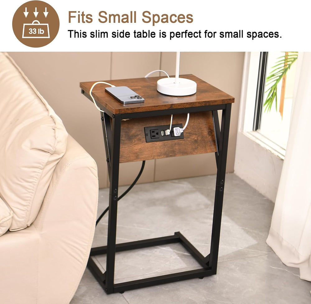 C-Shaped Side Table & End Table, Built-in Power Station (2 AC Outlets, 2 ...
