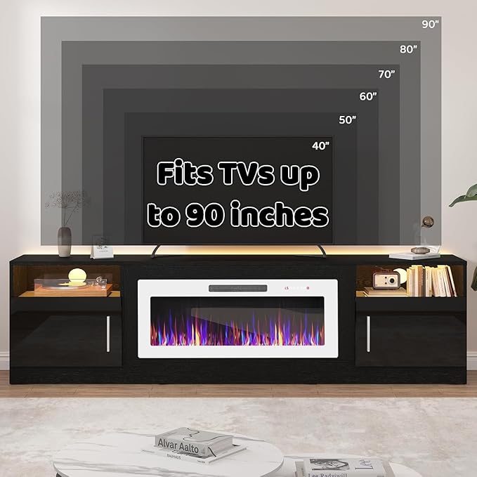 Lemberi Fireplace tv Stand with 36 inch White Fireplace Up to 90" TVs, LED Light Entertainment Center and Storage, 80" Modern Wood Media TV Console with Highlight Cabinet for Living Room (Black)