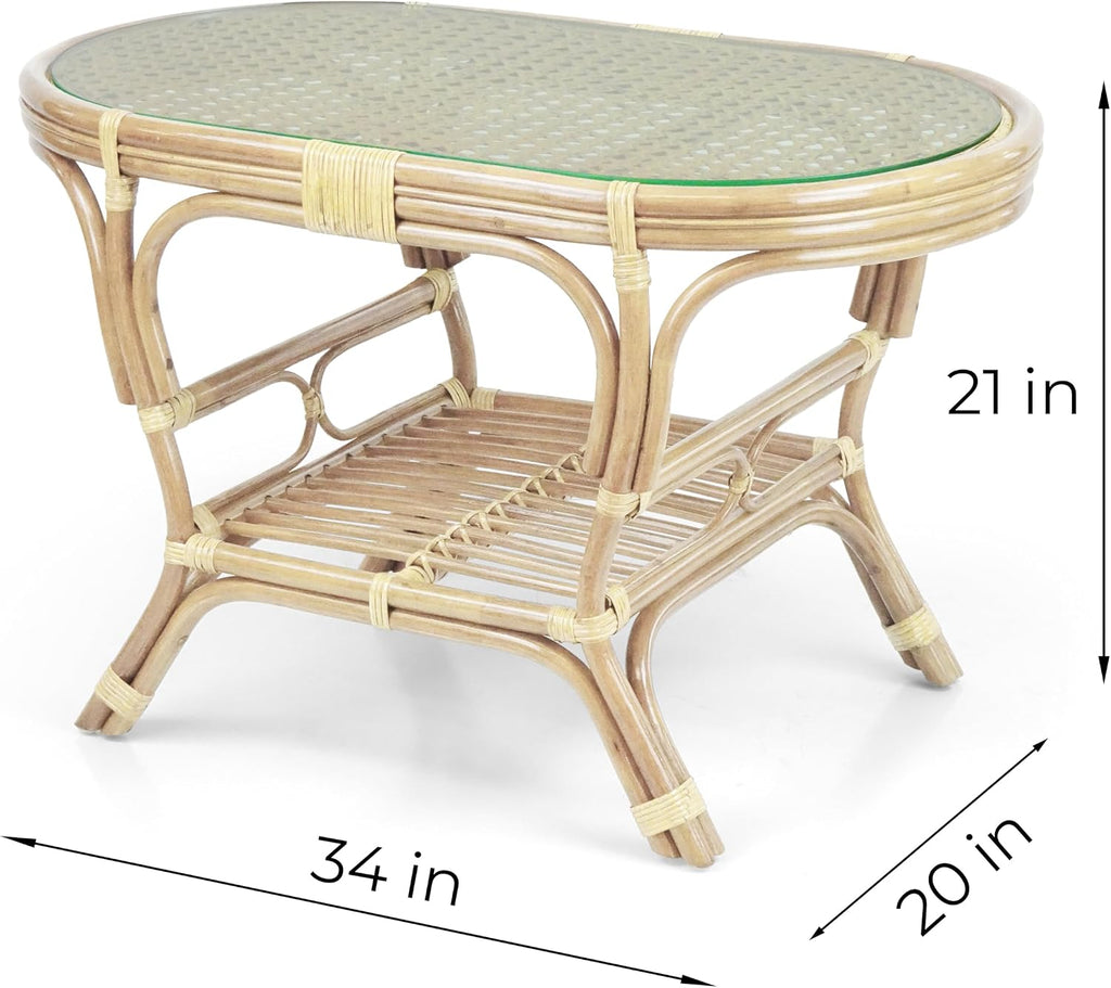 Pelangi Oval Coffee Table Natural Color with Glass Top Natural Rattan Wicker ECO Handmade Design