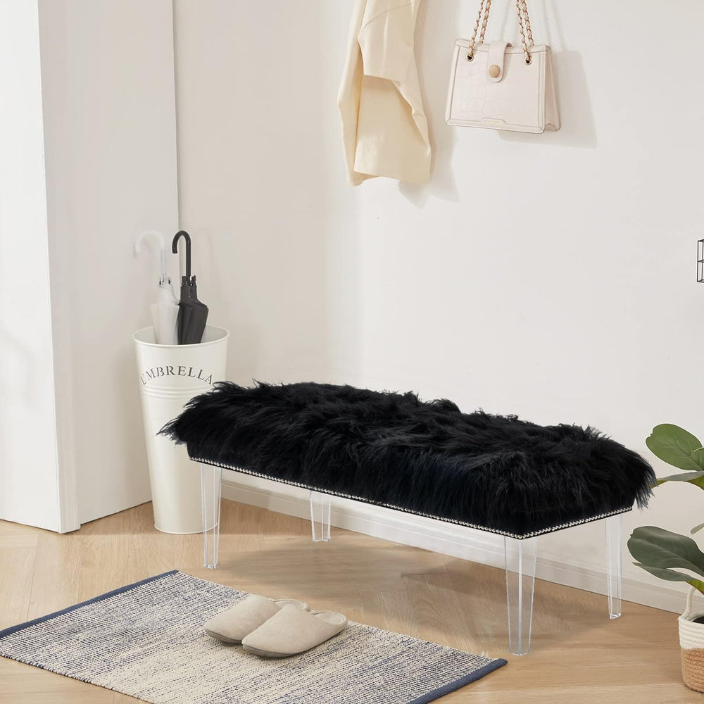 Modern Black Faux Fur Ottoman Bench - Upholstered Furry Bench with Acrylic Le...