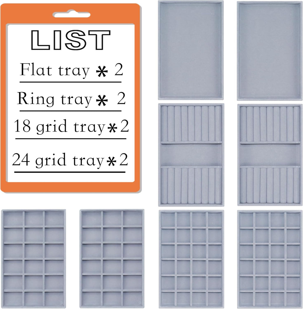 8 Pack Velvet Jewelry Trays X-Large Stackable Jewelry Drawer Organizer 8-Layer Jewellry Tray Set for Earrings, Necklaces, Rings,Bracelets with Removable Divider for Dresser & Vanity