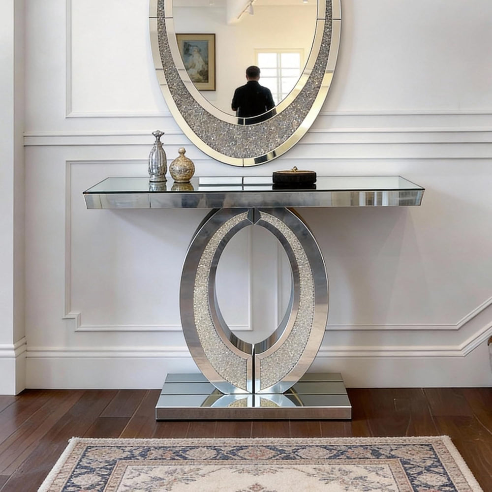 39.37" Silver Mirrored Console Table, Rectangle Sofa Table with Sparklin...