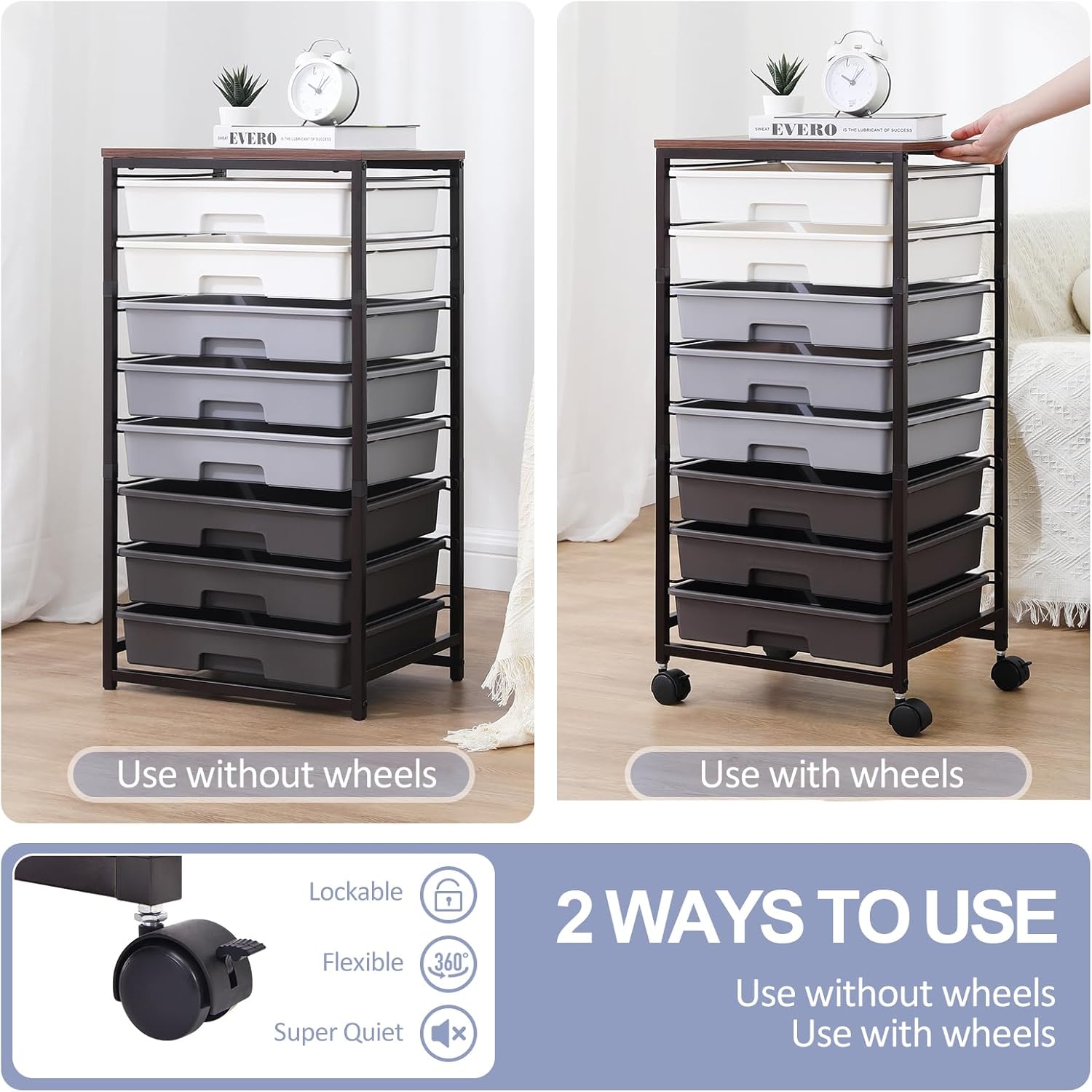 Rolling Cart with Drawers,Utility Cart With 8 Drawers and Wooden Tabletop for Living Room,Classroom,Bedroom,Bathroom,Dorm,Office,Dark Grey