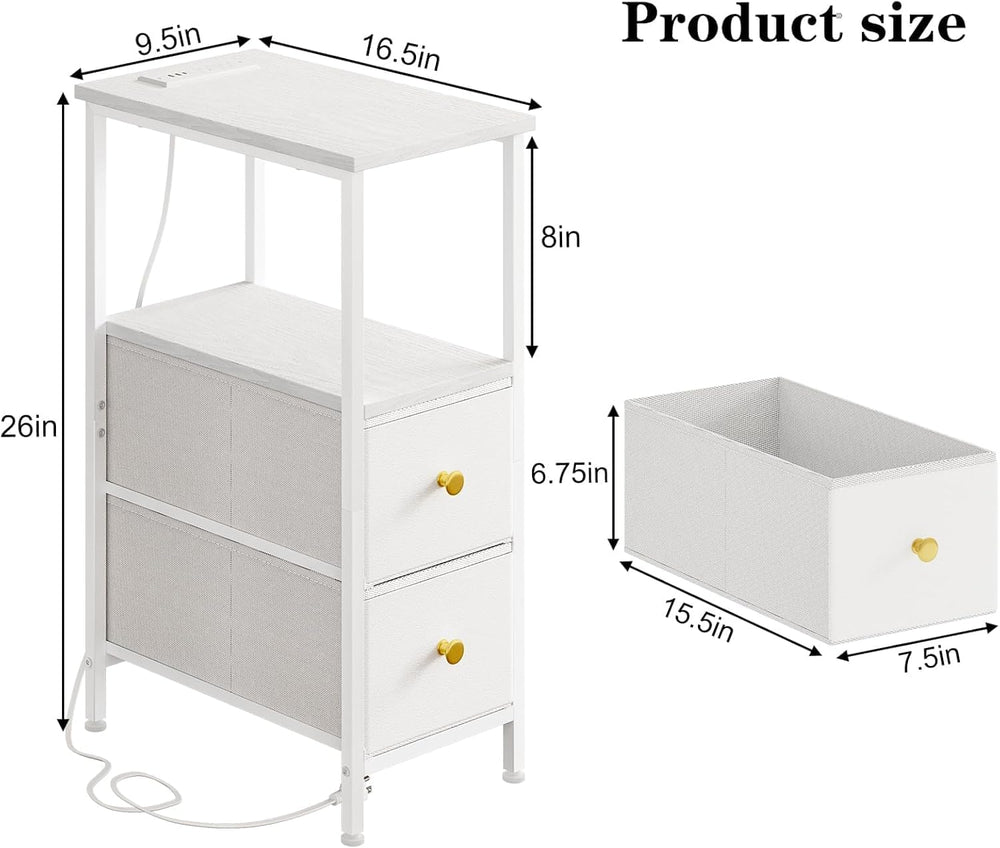 TOMNK Narrow Side Table with Charging Station and LED Light, Skinny Nightstan...