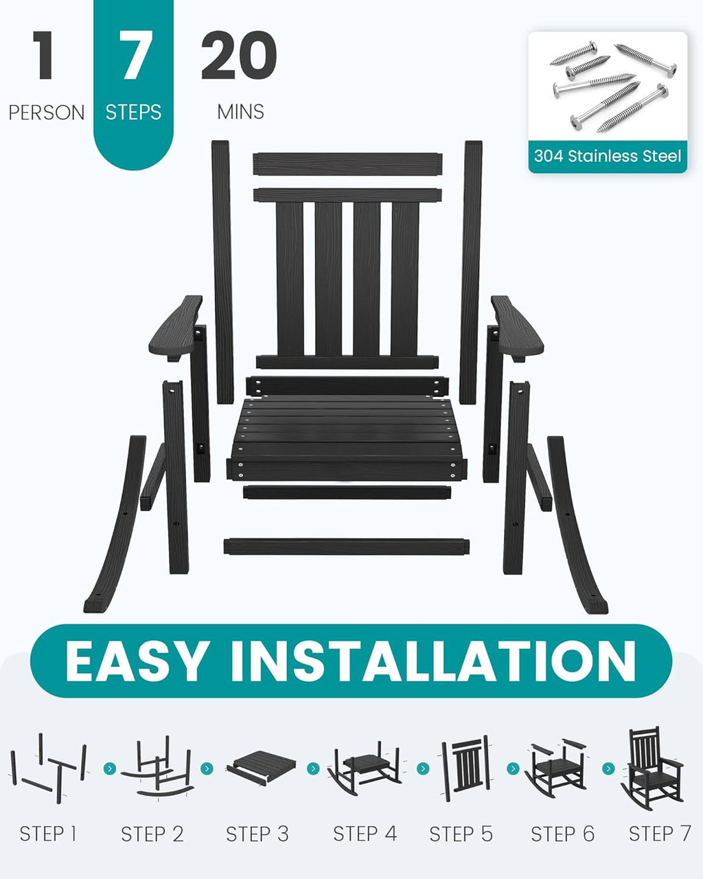 SERWALL Outdoor Rocking Chair Set of 2, HDPE Rocking Chairs for Adult, Black