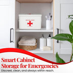 Flexzion First Aid Box Organizer Empty 13" White Vintage First Aid Kit Tin Metal Medical Box - First Aid Storage Box Container Bins with Dividers, Removable Tray and Red Cross Logo