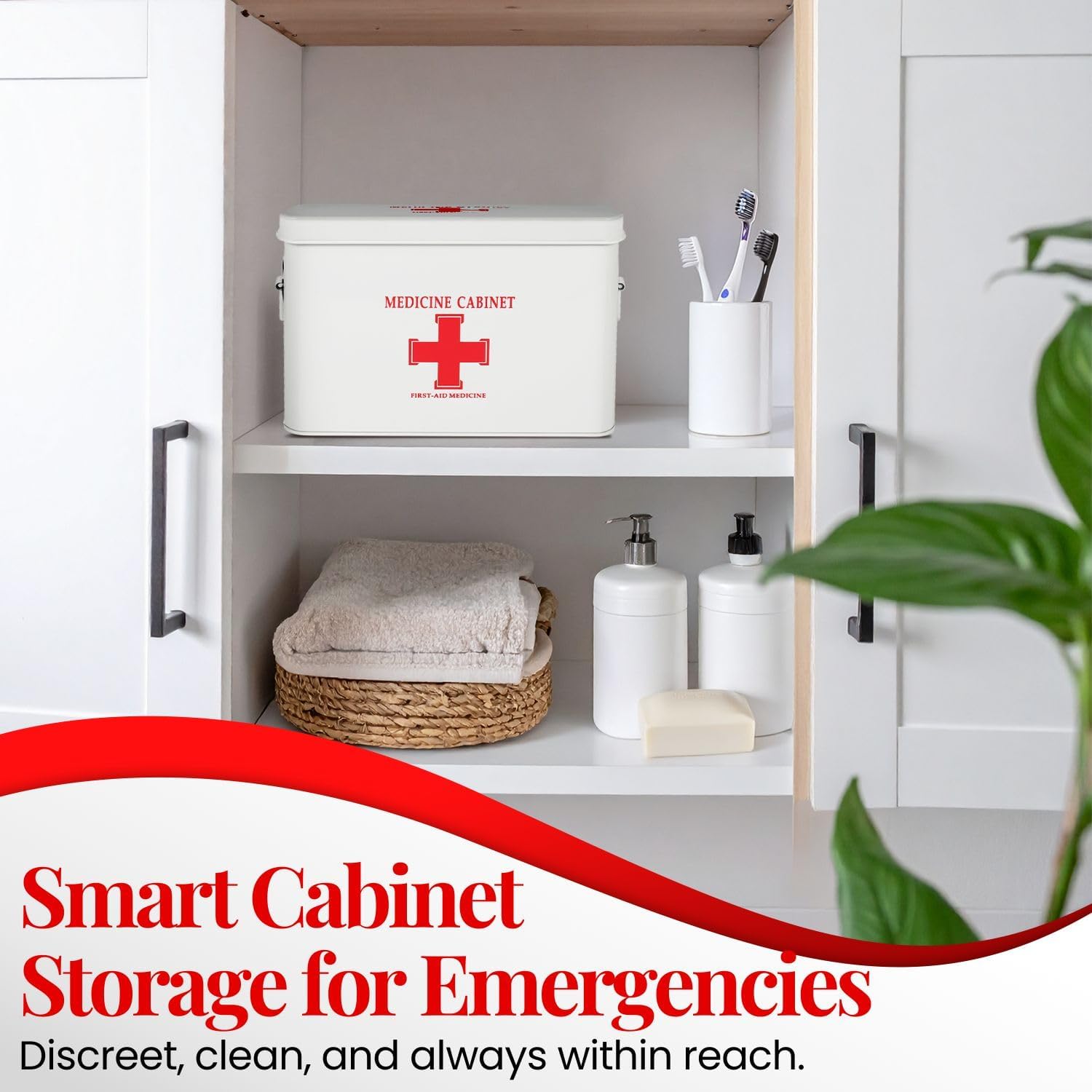 Flexzion First Aid Box Organizer Empty 13" White Vintage First Aid Kit Tin Metal Medical Box - First Aid Storage Box Container Bins with Dividers, Removable Tray and Red Cross Logo