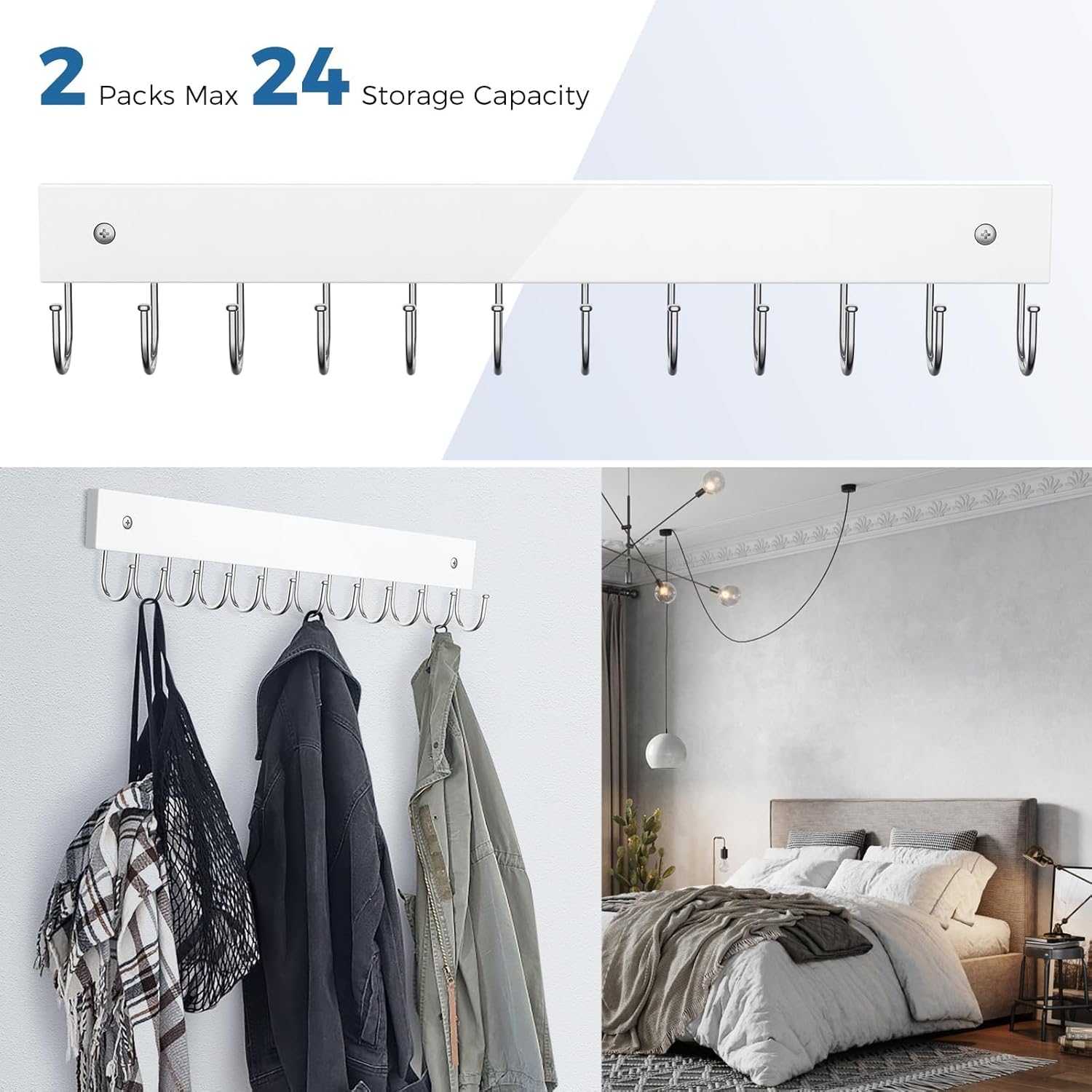 Belt Hanger Wall Mounted, Wooden Coat Rack Belt Organizer 2 Pack Max 24 Storage Capacity, 180° Rotating Space Saving Hangers for Ties, Tank Tops, Scarves, Bras, Keys, Bags White