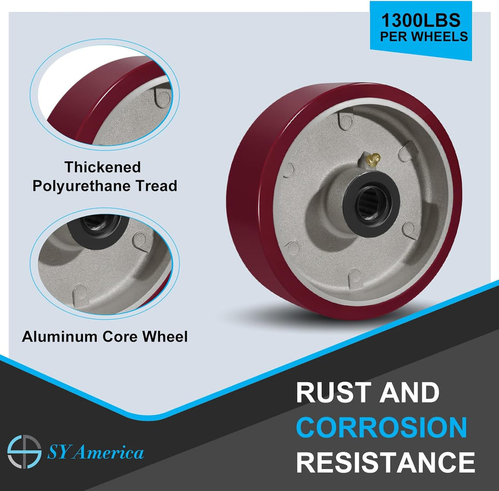 SY America 6" X 2" Casters Wheels,Heavy Duty Casters Set of 4，Polyurethane on Aluminum Wheels,2 Rigid 2 Swivel w/Top Lock Brake Casters,5200 LBS Load Capacity