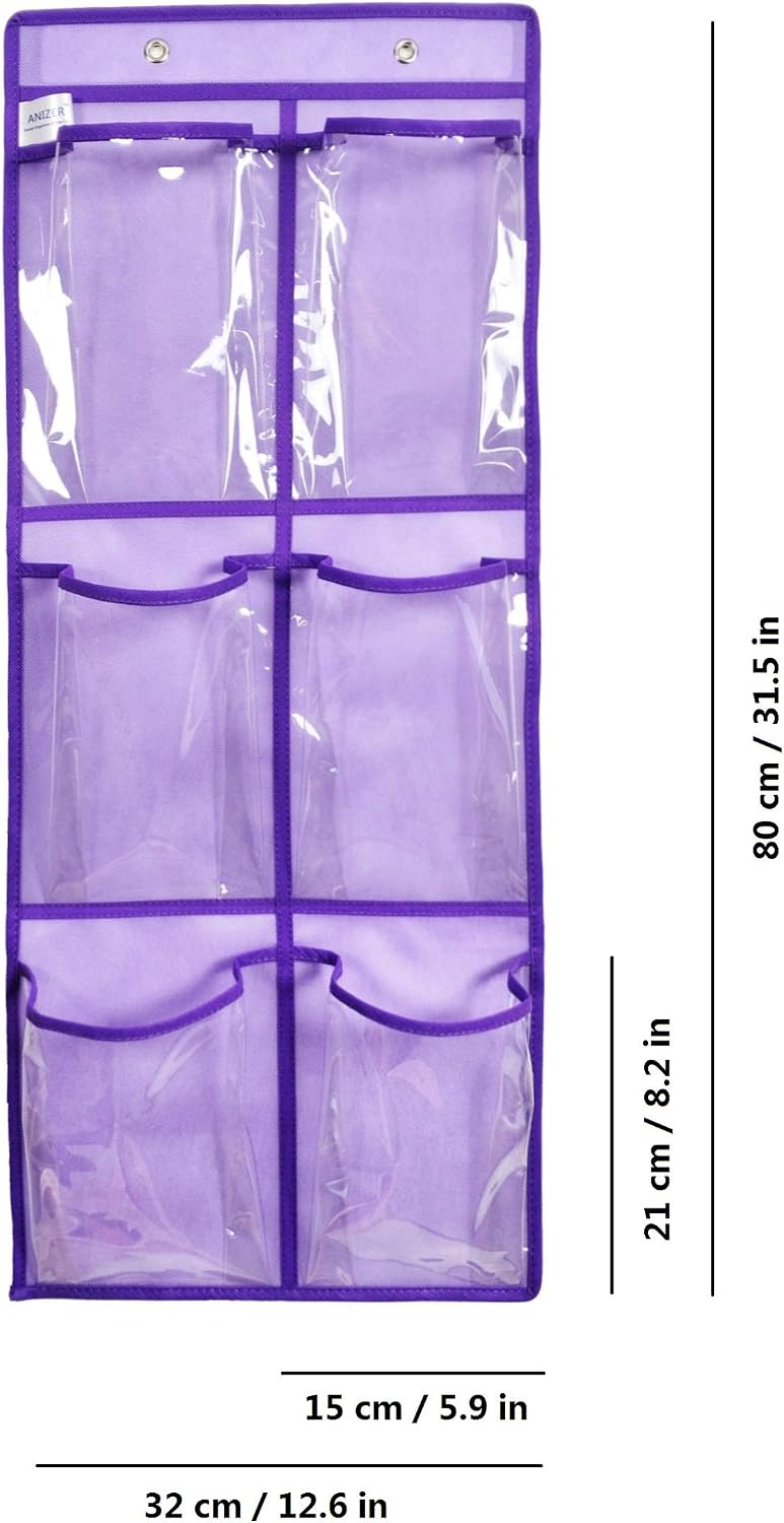 Over The Door Hanging Shoe Organizer Narrow Closet Door Shoe Storage 6 Large Clear Pockets Chart 2 Pack (PURPLE)