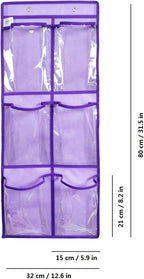 Over The Door Hanging Shoe Organizer Narrow Closet Door Shoe Storage 6 Large Clear Pockets Chart 2 Pack (PURPLE)