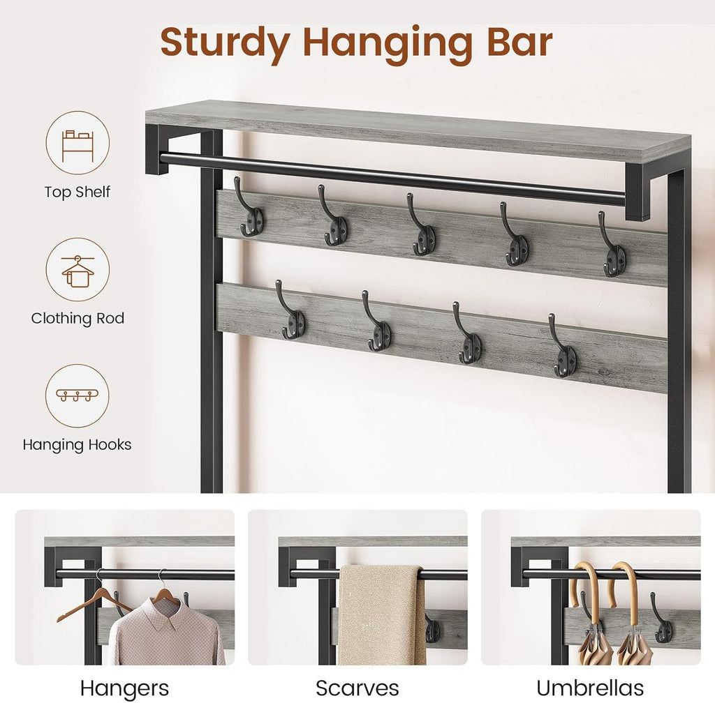 Itaar Coat Rack, Hall Tree with Bench and Shoe Storage, 7-in-1 Entryway Bench with Soft Cushion, Storage Bag, 3 Fabric Drawers(Grey)