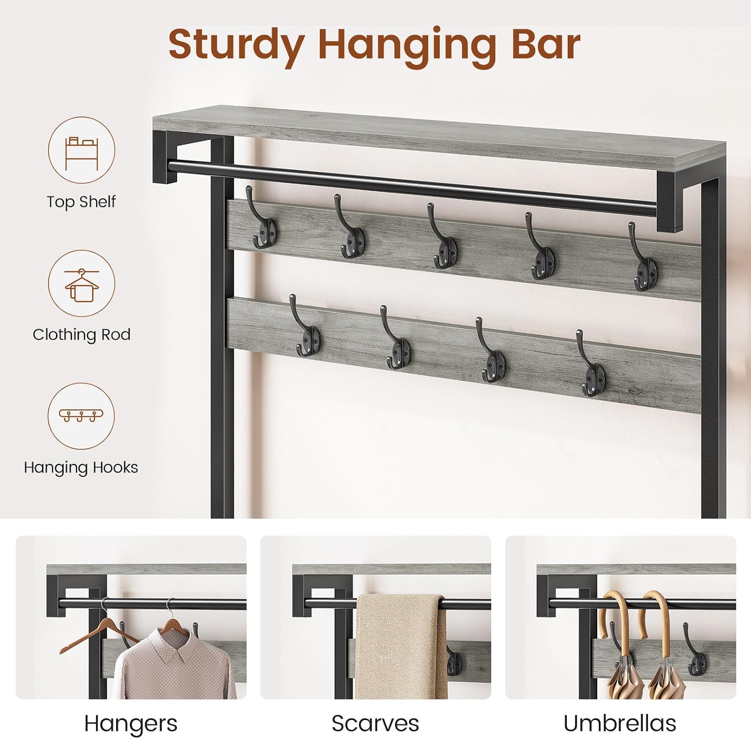 Itaar Coat Rack, Hall Tree with Bench and Shoe Storage, 7-in-1 Entryway Bench with Soft Cushion, Storage Bag, 3 Fabric Drawers(Grey)