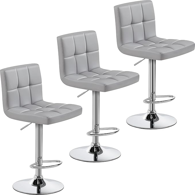 Yaheetech Bar Stools Set of 3, Adjustable PU Leather Swivel Barstools, Modern Counter Stools with Back and Footrest, Counter Height Barstools for Bar, Kitchen, Dining Room, Light Grey