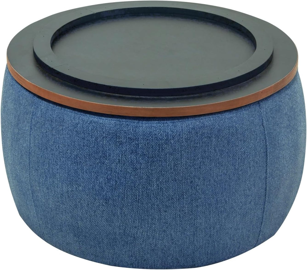 Round Storage Ottoman, 2 in 1 Function, Work as End Table and Ottoman, Navy (...