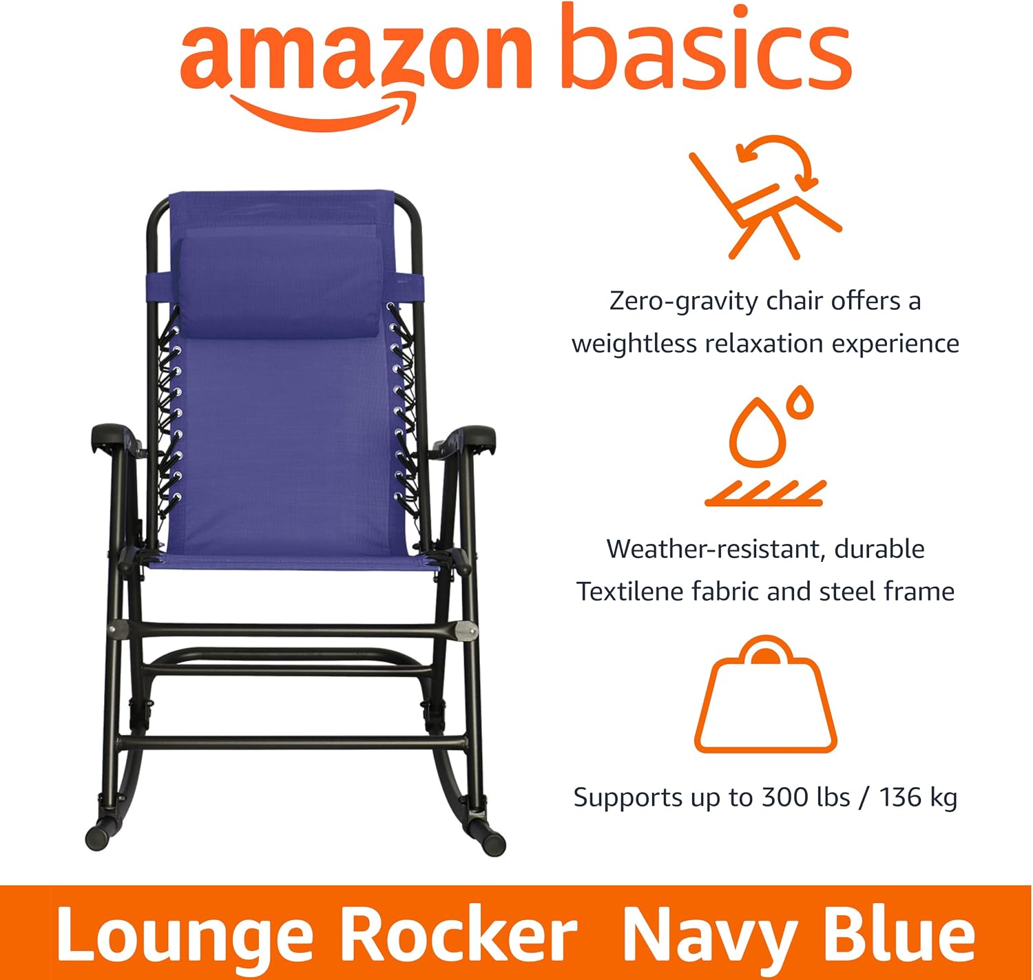 Amazon Basics Outdoor Portable Folding Rocking Chair with Headrest, Ergonomic Design, Weather-resistant Textilene Fabric for Porch, Blue