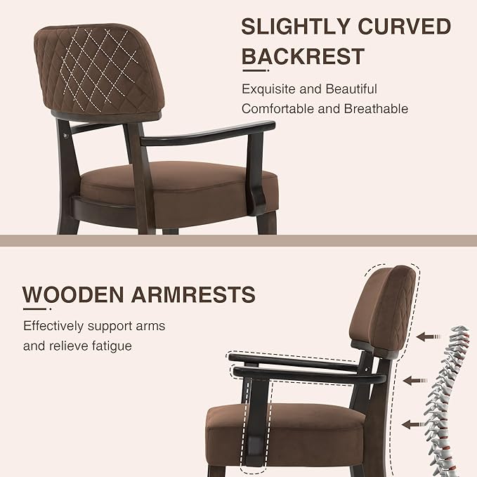 Modern Wood Dining Chairs with Arms Set of 2, Velvet Upholstered Kitchen Chairs with Open Curved Backrest & Black Hardwood Legs, Accent Chairs 350 LBS Capacity, Brown