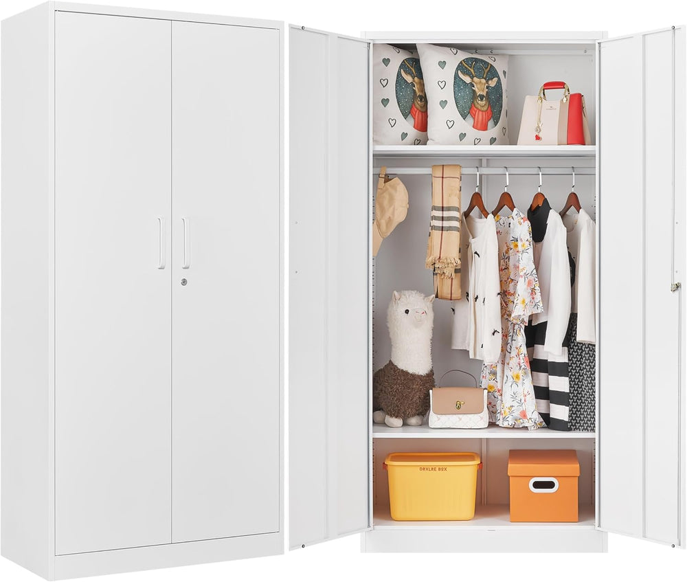 Metal Wardrobe Cabinet with Hanging Rod & Lock,White Armoire Wardrobe Clo...