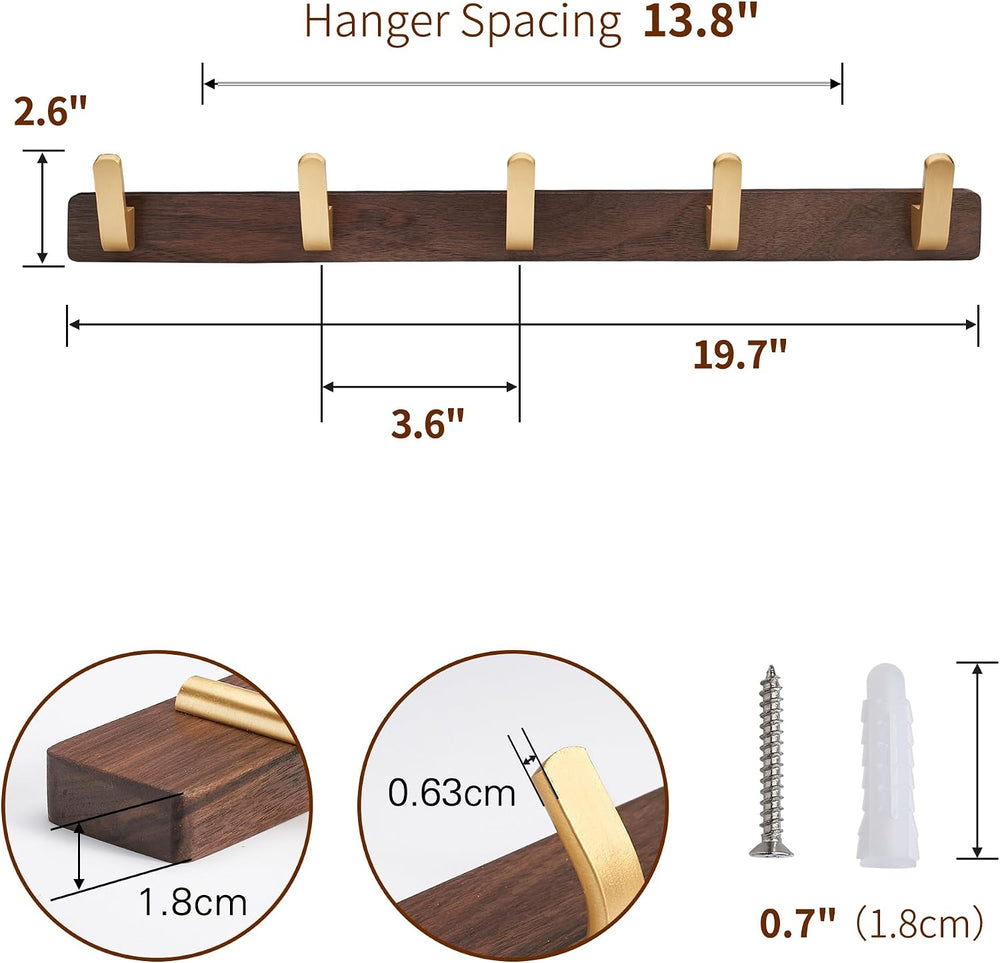 Wall Mounted Coat Rack, Metal Wood with 5 Hooks