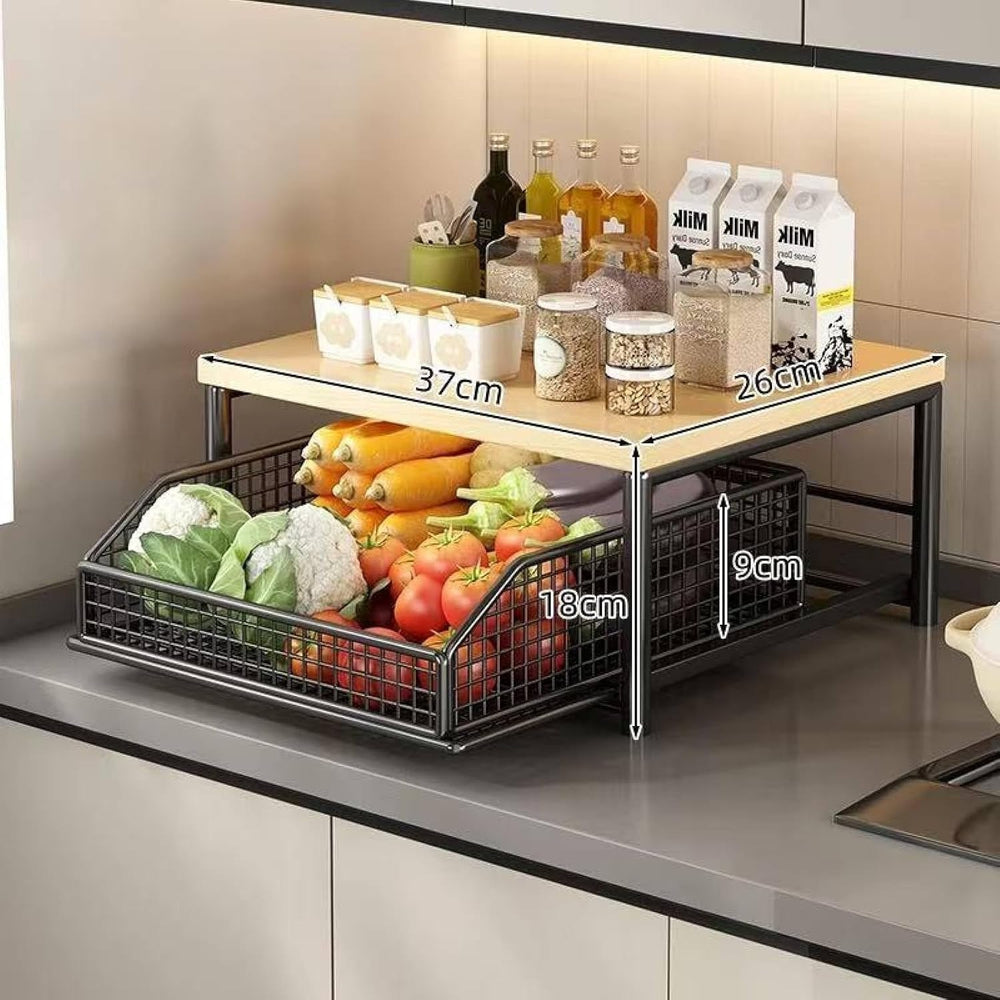 Countertop Organizer for Kitchen with Drawer& Wire Basket- Sturdy Hardwoo...