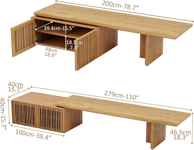 XEW Extendable TV Stand with Storage and Shelves, Wood Entertainment Center for 55+ Inch TV, Modern TV Console, Minimalist Media Console for Living Room, Bedroom-Wood (Extendable: 78.7"-110")