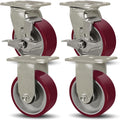 SY America 5" X 2" Casters Wheels,Heavy Duty Casters Set of 4，Polyurethane on Aluminum Wheels,2 Rigid 2 Swivel w/Top Lock Brake Casters,4400 LBS Load Capacity