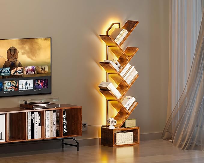 Casaottima 6-Tier Tree Bookshelf — Narrow Floor Standing Bookcase, Tall Steel...