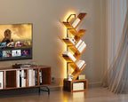 Casaottima 6-Tier Tree Bookshelf — Narrow Floor Standing Bookcase, Tall Steel & Wood Book Organizer Shelf with Cabinet, Home Decor for Living Room/Bedroom/Home Office, Vintage