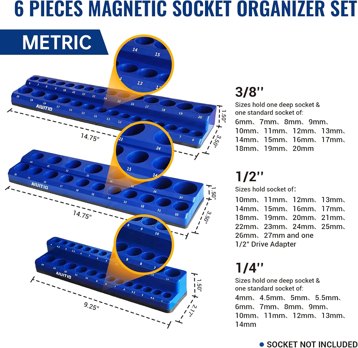 6-Piece Magnetic Socket Organizer Set, Magnetic Socket Holder Includes 1/4", 3/8", 1/2" Drive Metric SAE Socket Trays,Holds Standard and Deep Sockets (6-Piece Magnetic Socket Organizer)