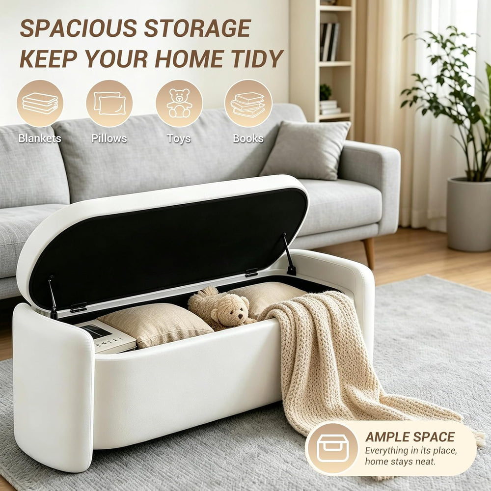 Oval White Velvet Storage Ottoman Bench, 48.8" | Velvet Upholstered Otto...