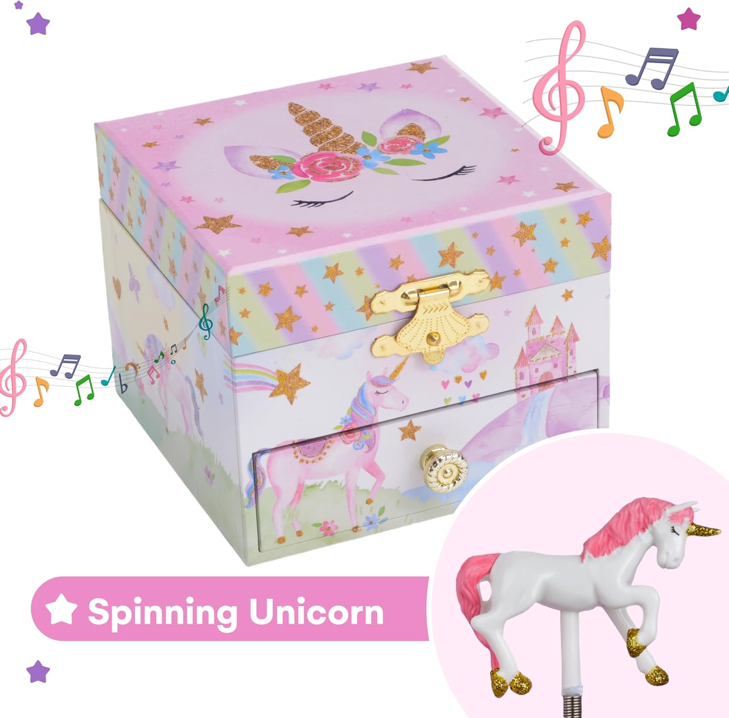 Jewelkeeper Jewelry Box for Girls with 1 Drawer - Unicorn Musical Jewelry Box, Beautiful Dreamer Tune, Spinning Unicorn Doll, Little Girl Music Box, Gifts for 5 Year Old Girls, Engineered Wood
