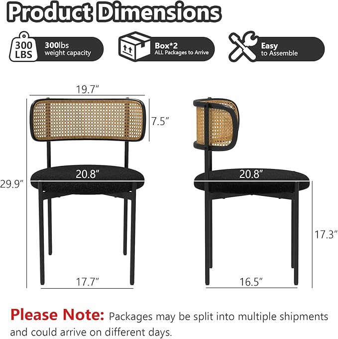 Mid Century Modern Dining Chairs Set of 2 with Rattan Backrest,Velvet Upholstered Accent Kitchen & Dining Room Chairs with Sturdy Metal Frame,Black