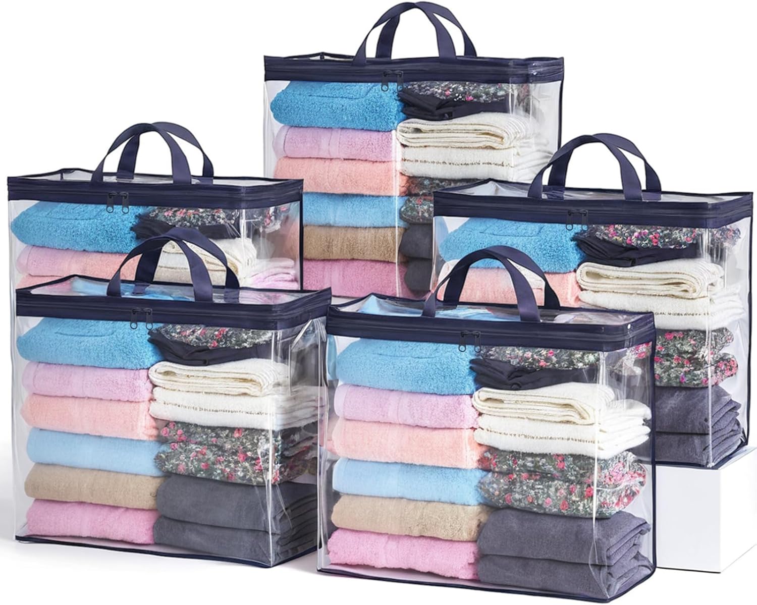 5 Pack Clear Storage Bags for Clothes, 22L Blanket Storage Bags, Under Bed Storage, Closet Organizers Bag, Upgraded Version Two-Way Zippers Design(Navy Blue)