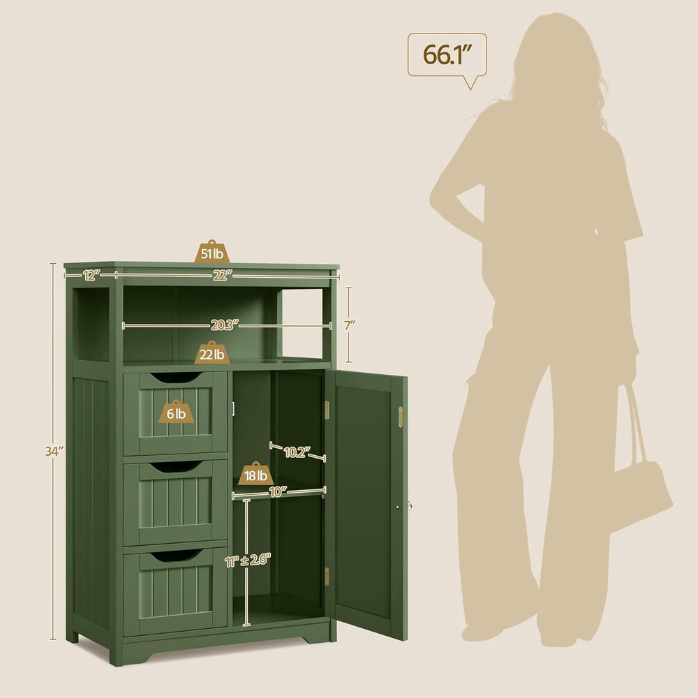 Yaheetech Bathroom Storage Cabinet, Storage Organizer with 1 Door and 3 Drawe...