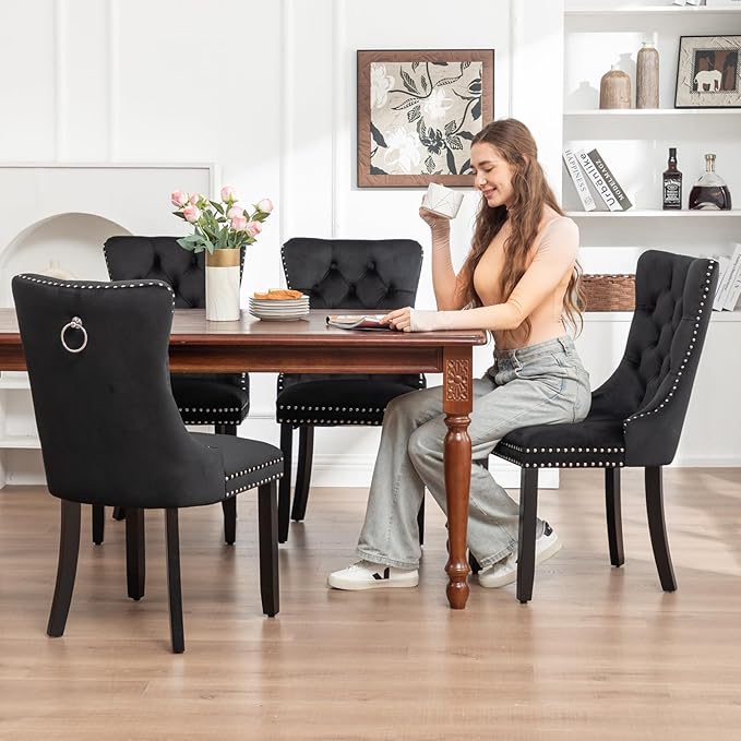Kiztir Velvet Dining Chairs Set of 6, Upholstered Dining Room Chairs with Ring Pull Trim and Button Back, Luxury Tufted Dining Chairs for Living Room, Bedroom, Kitchen (Black)