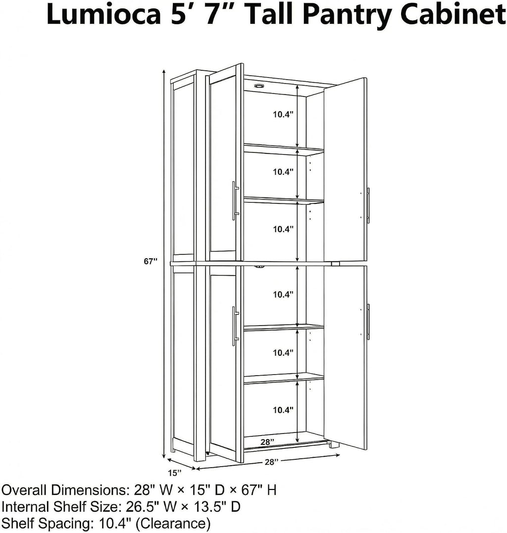 67" Tall Kitchen Pantry Cabinet, 28" W Storage Cabinet for Kitchen | 67" x 28" x 15" size, 4 adjustable shelves, engineered wood, anti-tip compatible, Shaker doors, Oak