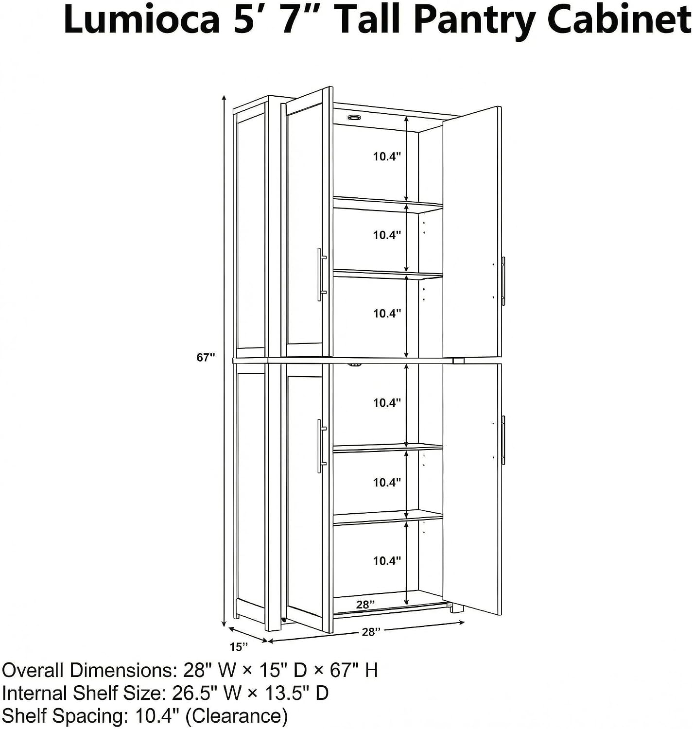 67" Tall Kitchen Pantry Cabinet, 28" W Storage Cabinet for Kitchen | 67" x 28" x 15" size, 4 adjustable shelves, engineered wood, anti-tip compatible, Shaker doors, Oak