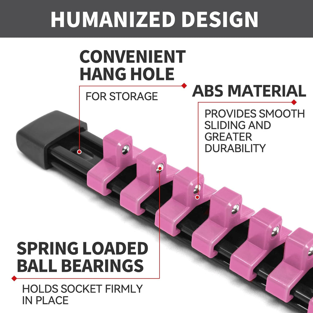 Socket Organizer Drive ABS Tools - Pink Socket Holder, Premium Quality 12 Pieces Socket Holders Kit 1/4-Inch x 64 Clips, 3/8-Inch x 60 Clips, 1/2-Inch x 48 Clips（12PC,Pink)