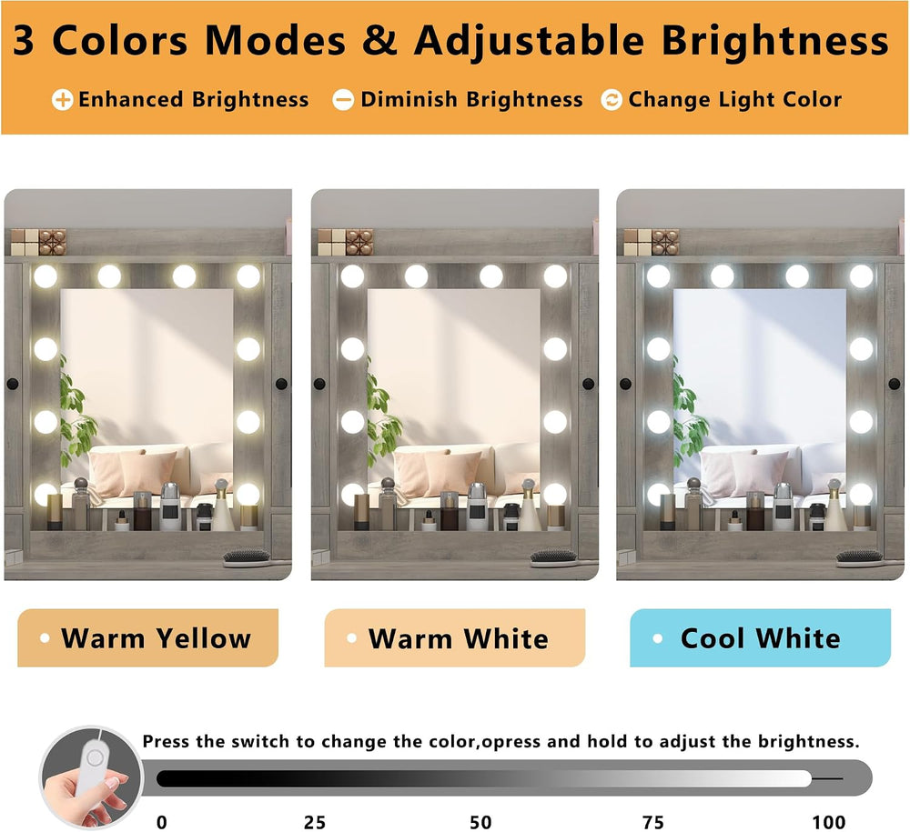 Wodeer Vanity Desk with Mirror and Lights, 43" Grey Makeup Vanity Set wi...
