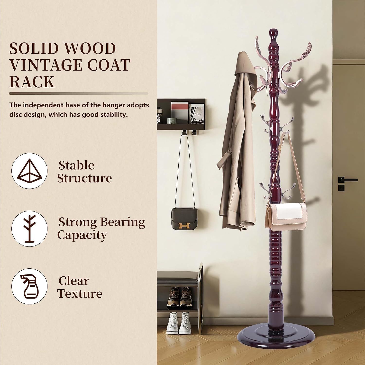 Wooden Coat Rack Freestanding, Vintage Solid Coat Hanger Stand 20 Hooks, Coat Tree Adjustable Height 73", Round Base, Coat Racks free standing for Entryway Hallway, Porch, Bedroom