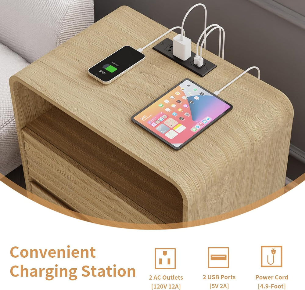 Fluted Nightstand with Charging Station, 23.6'' Wide Morden End Table...